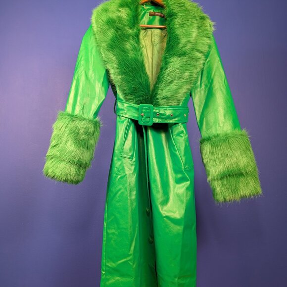 Finesse Bright Green Faux Fur Collar Trim Trench Coat XS S - Picture 10 of 10